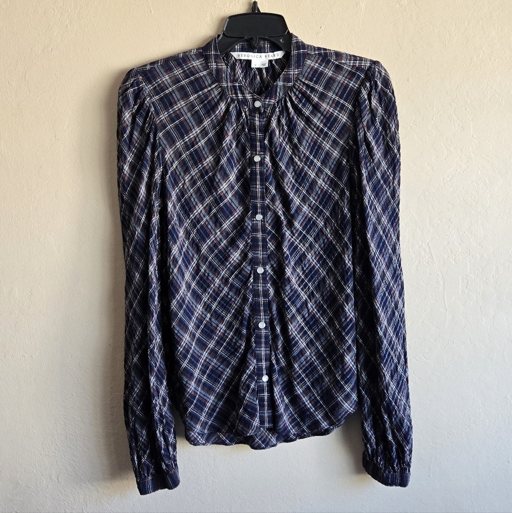 Veronica Beard Ashlynn Blouse In Multicolor Blue Plaid Size 4 - Picture 14 of 16